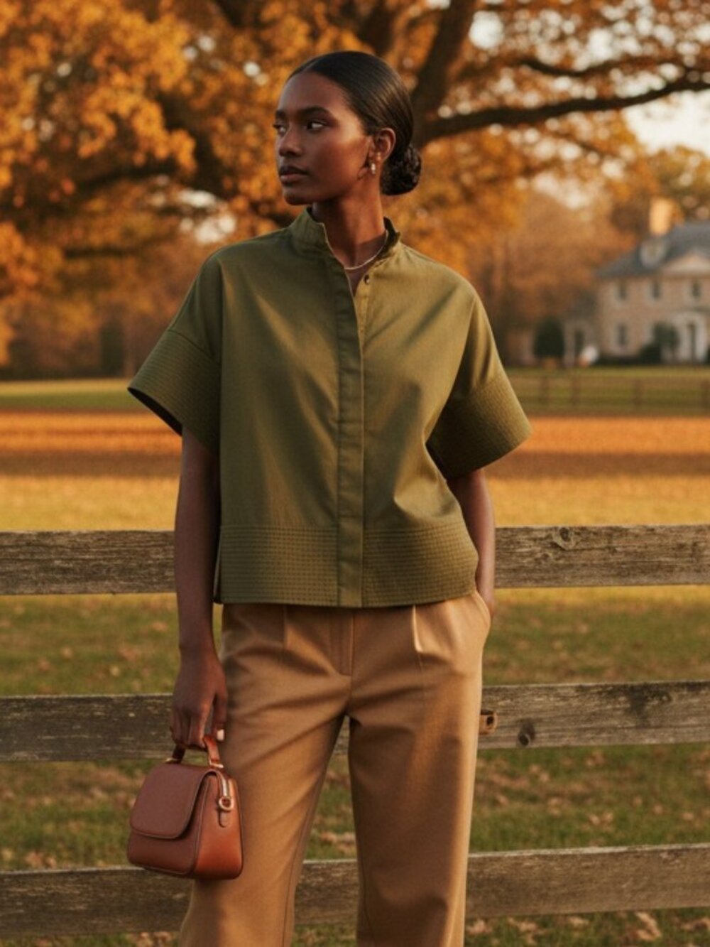 Tuckernuck Sofia Shirt Olive Green M NWT Trapunto Stitch Stand Collar Cropped